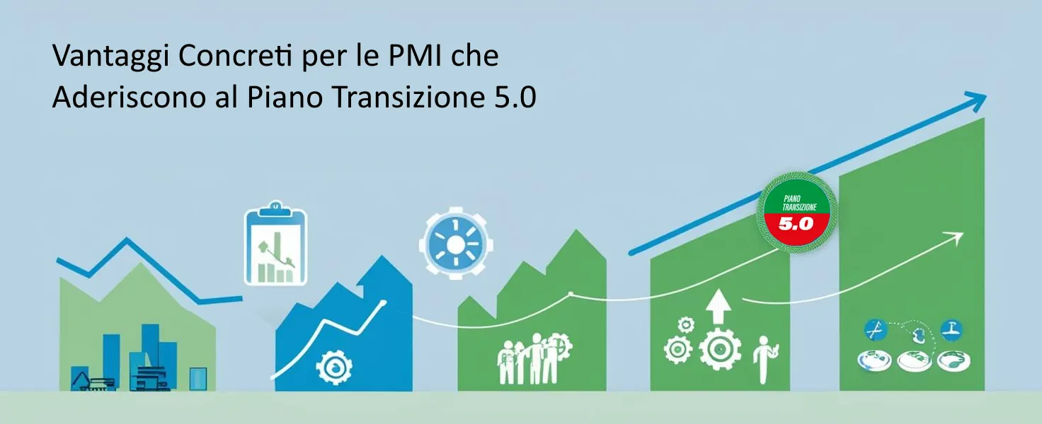 Icone che rappresentano i vantaggi della Transizione 5.0 per le PMI: credito d’imposta, formazione, crescita, risparmio energetico, attrattività aziendale