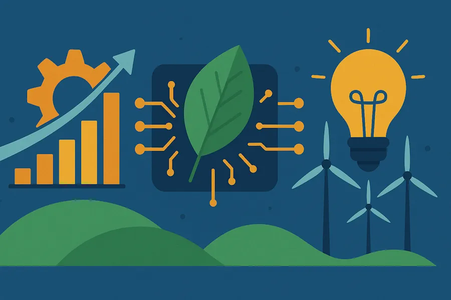 Illustrazione digitale sugli incentivi Transizione 5.0 aggiornati al 2025 con focus su sostenibilità e innovazione tecnologica