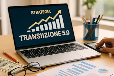 Laptop con grafico di strategia investimenti Transizione 5.0 in un contesto di lavoro digitale