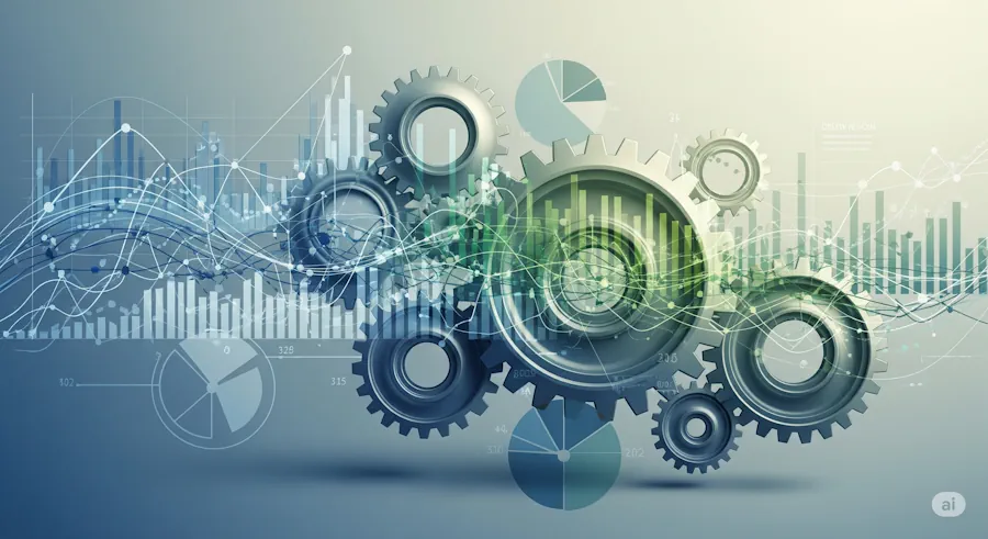 Grafico con ingranaggi e diagrammi sovrapposti che simboleggiano la cumulabilità incentivi 5.0 e l'integrazione strategica degli incentivi fiscali della Transizione 5.0.