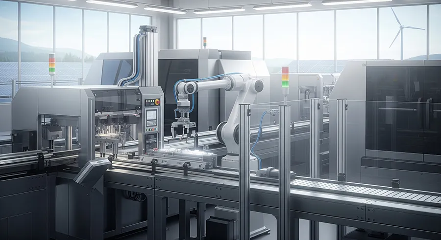 Immagine di un'industria moderna e sostenibile con robot e pannelli solari, che rappresenta gli esempi Transizione 5.0 di successo.