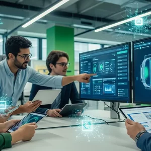 Persone che collaborano in un ambiente moderno, simboleggiando la formazione Transizione 5.0 per acquisire competenze digitali e green.