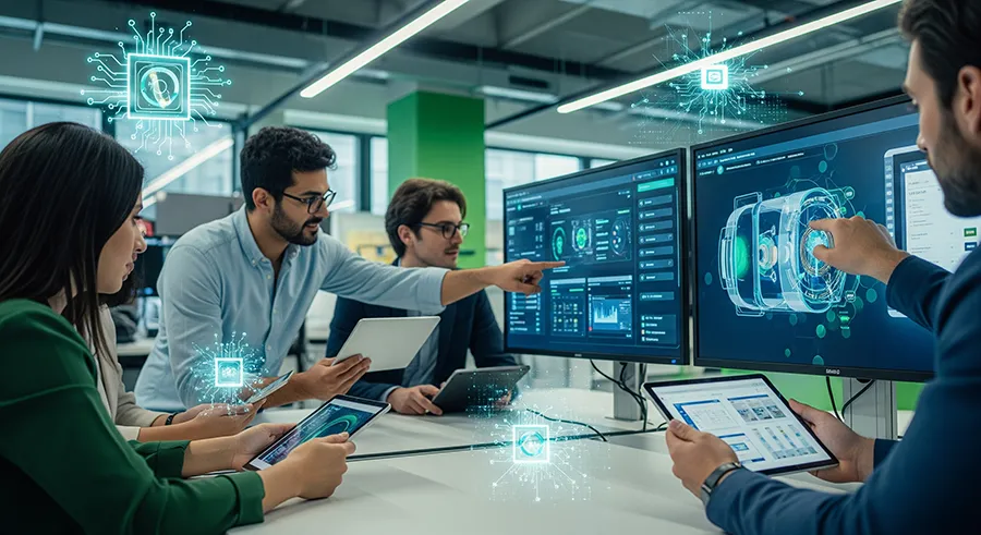 Persone che collaborano in un ambiente moderno, simboleggiando la formazione Transizione 5.0 per acquisire competenze digitali e green.