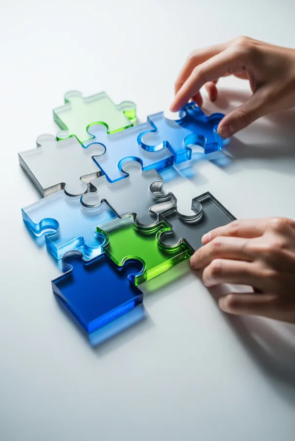 Immagine che simboleggia la pianificazione strategica per la gestione della cumulabilità incentivi 5.0 fiscali, con mani che assemblano pezzi di un puzzle.