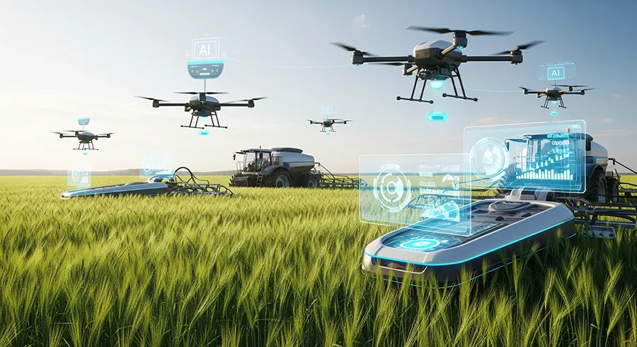 Immagine che rappresenta la Transizione 5.0 agroalimentare con innovazione digitale, un campo agricolo, droni e tecnologia smart.