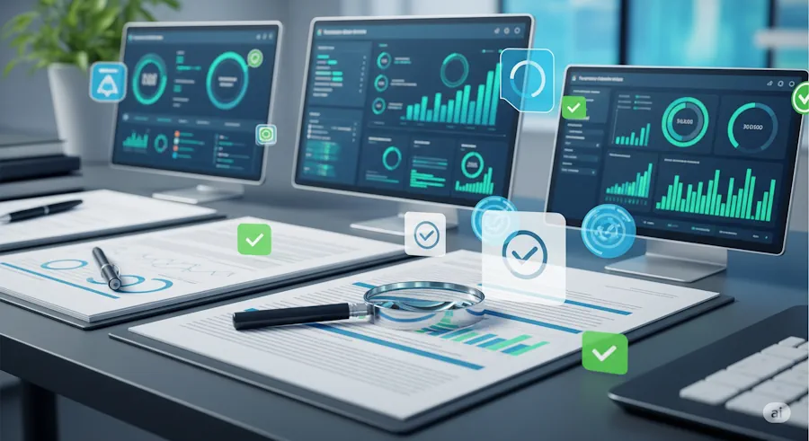 Immagine che simboleggia il monitoraggio progetti Transizione 5.0, con documenti, schermi e grafici per le verifiche e i report di conformità.