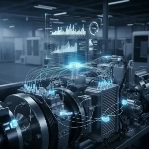 Macchinario industriale complesso con sensori IoT luminosi che raccolgono dati in tempo reale, visualizzati su un'interfaccia grafica per l'Industria 5.0.