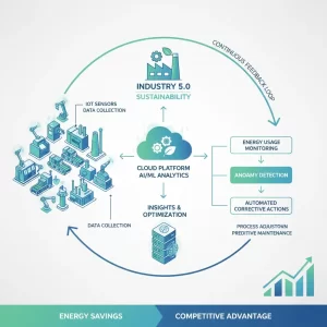Infografica del processo dell'Industria 5.0 che mostra come i sensori IoT e l'analisi AI portino a sostenibilità, risparmio energetico e vantaggio competitivo.