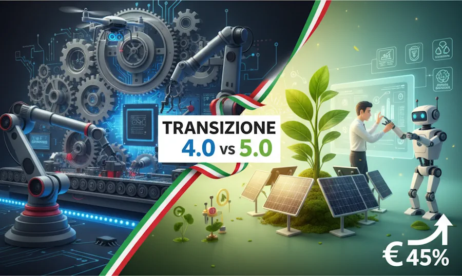 Scopri le differenze Transizione 4.0 5.0, gli incentivi fino al 45% e come la sostenibilità sta ridefinendo l'industria italiana. Leggi la guida completa di Consulmarc.