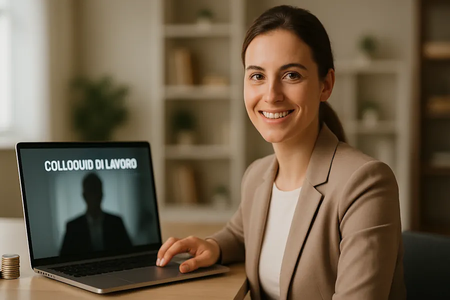 Persona sorridente e sicura di sé che affronta un colloquio di lavoro online seguendo i consigli della guida per avere successo.