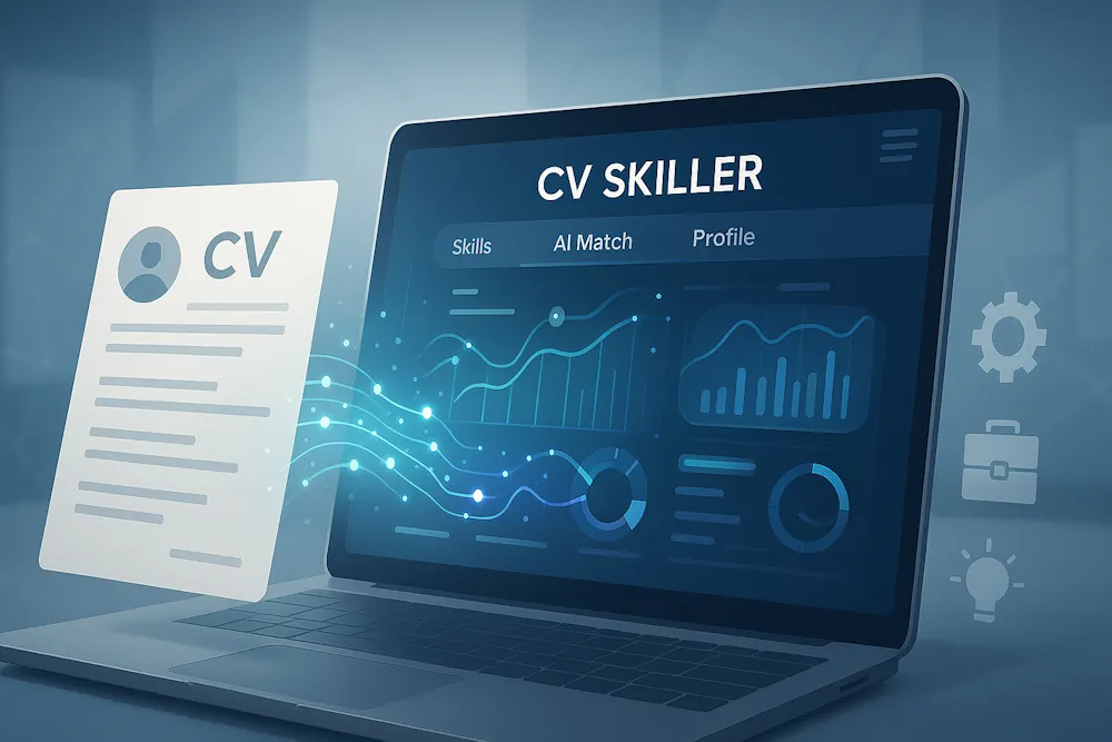 Illustrazione di come funziona CV Skiller: un'intelligenza artificiale analizza e ottimizza le competenze di un curriculum.