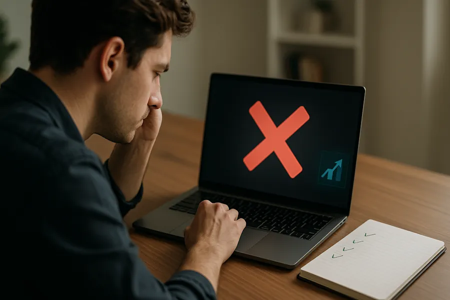 Persona frustrata di fronte al laptop che mostra gli errori da evitare in una candidatura online, con una checklist di soluzioni a fianco.