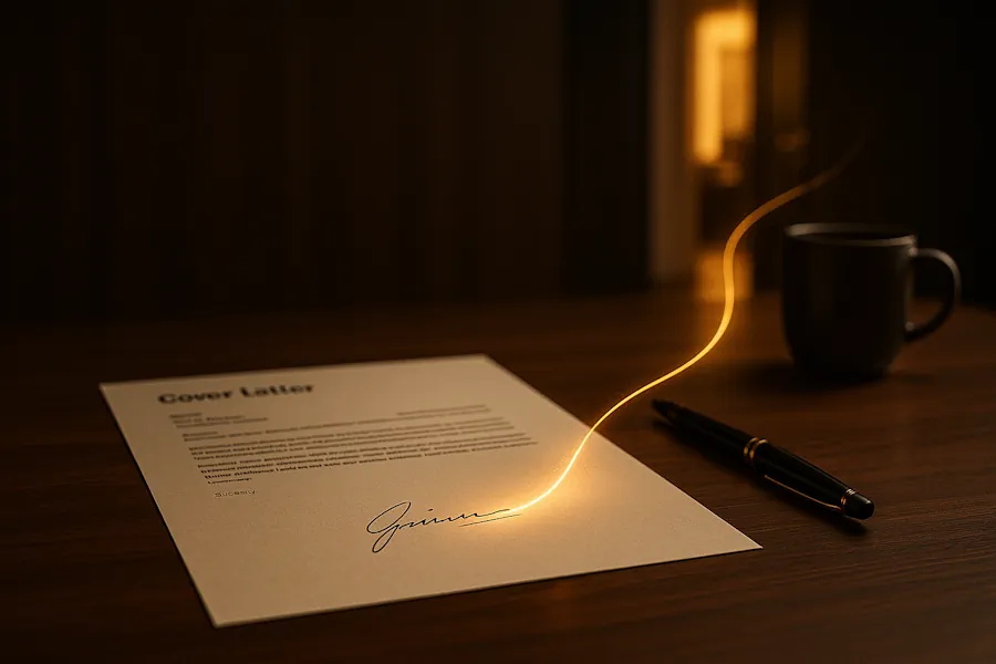 Illustrazione simbolica di come una lettera di presentazione efficace, firmata su una scrivania, apre la porta a un'opportunità di lavoro.