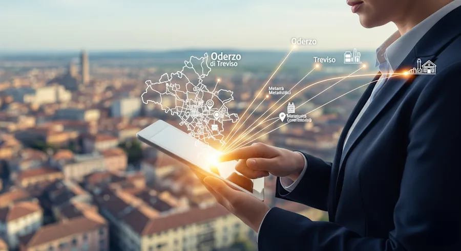Mappa digitale con punti luminosi nell'area di Oderzo e Treviso e persona in abito da lavoro che usa un tablet. Rappresenta la ricerca di lavoro Oderzo e provincia nel 2025 con opportunità di carriera e servizi di recruiting come Consulmarc.it.