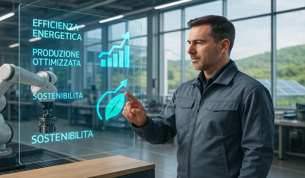 Un ingegnere analizza dati su efficienza energetica e sostenibilità su un'interfaccia olografica all'interno di una fabbrica intelligente che rappresenta il Manifatturiero 5.0.