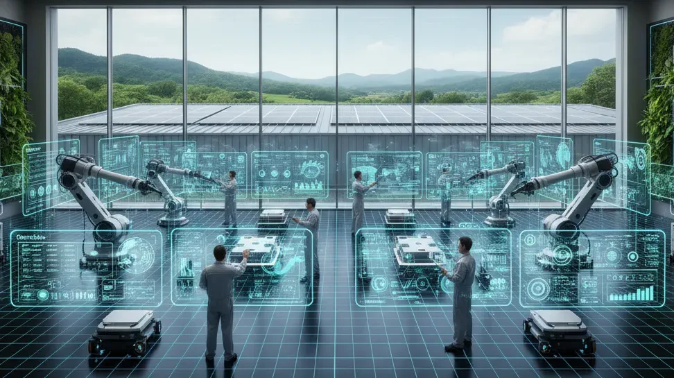 Fabbrica intelligente e sostenibile che rappresenta l'Industria 5.0, con ingegneri che analizzano dati da sensori IoT e robot su interfacce olografiche per l'efficienza energetica.
