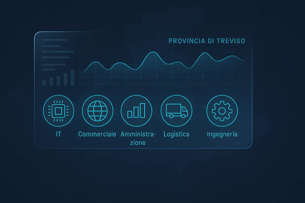Infografica con dashboard che mostra l'analisi delle 5 professioni più richieste a Treviso: IT, Commerciale, Amministrazione, Logistica e Ingegneria.