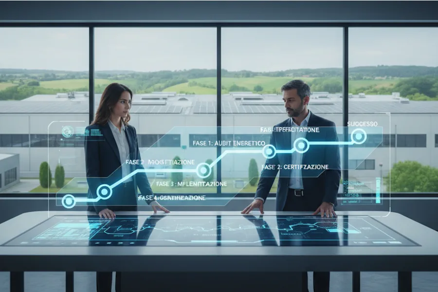 Due manager analizzano una roadmap olografica per un progetto di Transizione 5.0, illustrando le fasi di implementazione dall'audit energetico alla certificazione.