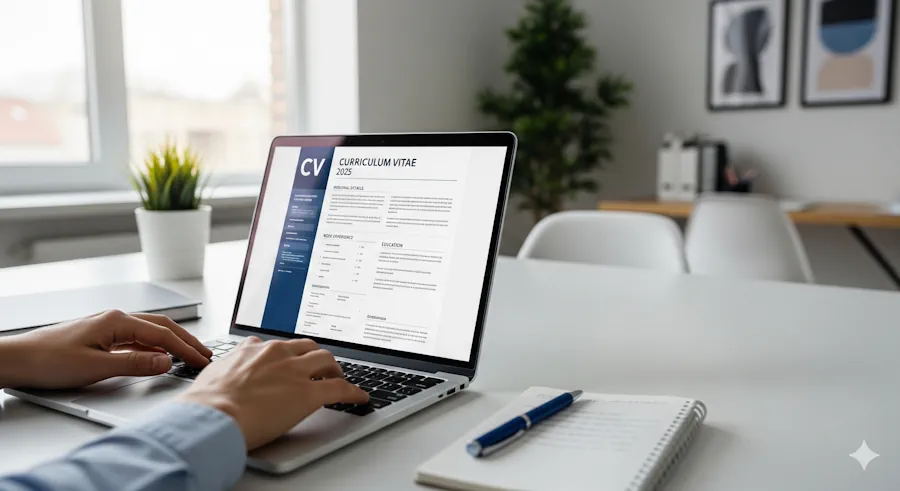 Persona alla scrivania che scrive un curriculum efficace per il 2025 su un laptop.
