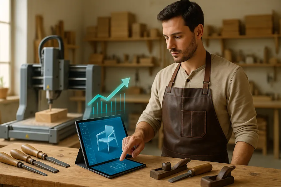 Un artigiano in una bottega moderna che simboleggia la Transizione 5.0, utilizzando un tablet per la digitalizzazione del suo artigianato e il controllo di macchinari efficienti.