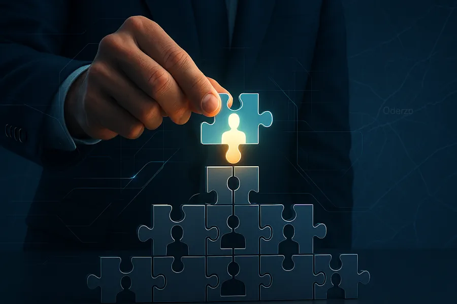Recruiter di Consulmarc che trova il personale qualificato giusto per un'azienda a Oderzo, inserendo un pezzo di puzzle a forma di persona in una struttura.