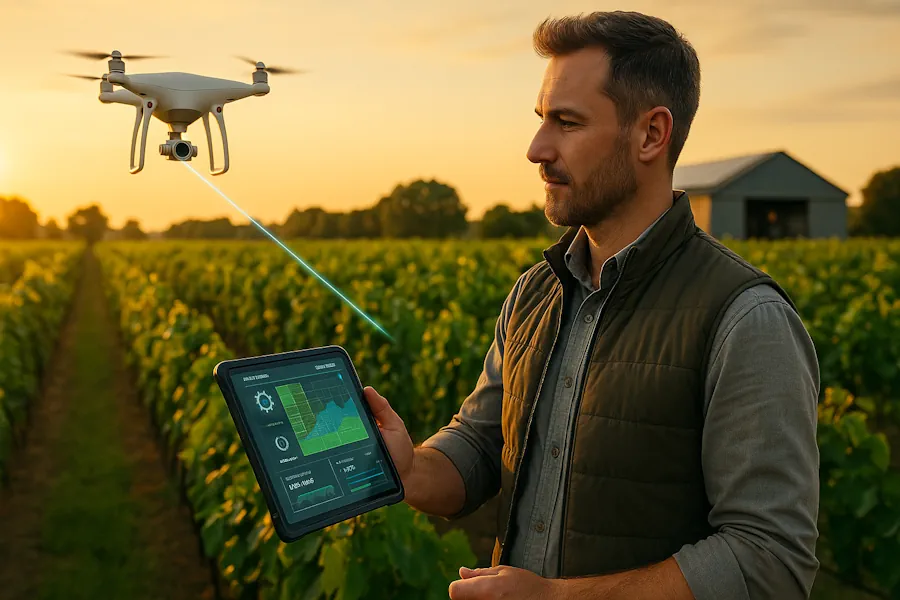 Un imprenditore agricolo in un campo che, tramite un tablet e un drone, analizza i dati per l'Agricoltura 5.0, simbolo della Transizione 5.0 per ottenere incentivi e migliorare la sostenibilità.