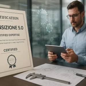 Ingegnere specializzato che verifica su un tablet i documenti per le certificazioni Transizione 5.0, con una perizia giurata in primo piano, simbolo degli incentivi per l'industria.