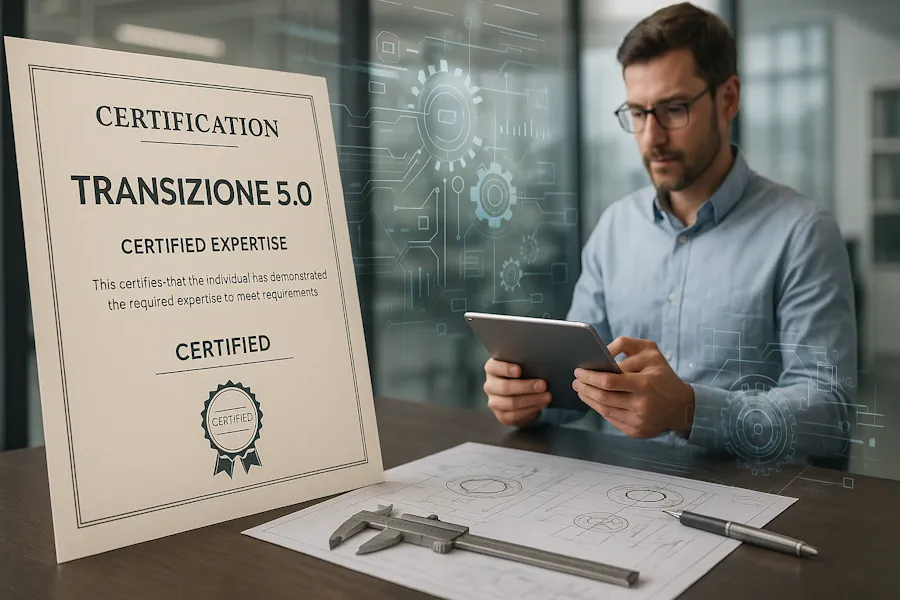 Ingegnere specializzato che verifica su un tablet i documenti per le certificazioni Transizione 5.0, con una perizia giurata in primo piano, simbolo degli incentivi per l'industria.