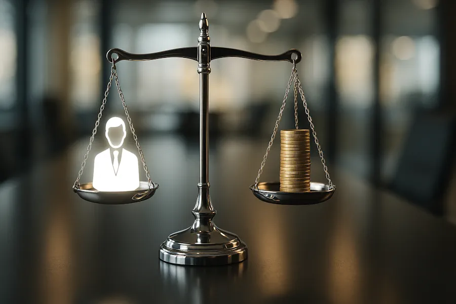 Immagine simbolica di come negoziare lo stipendio: una bilancia in equilibrio tra il valore di un professionista e un'offerta di lavoro economica.