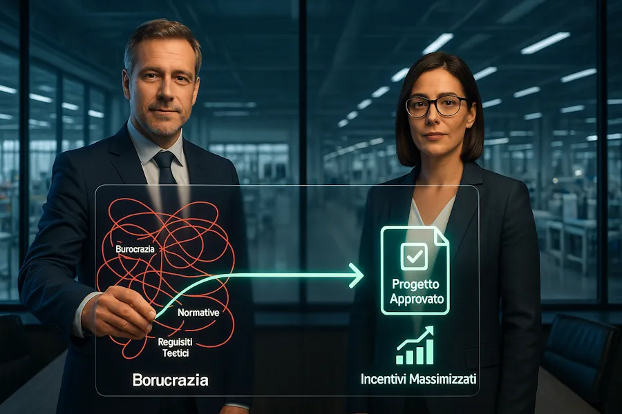 Un consulente esperto mostra a un'imprenditrice la roadmap per il successo di un progetto di Transizione 5.0, trasformando la complessità burocratica in incentivi massimizzati.