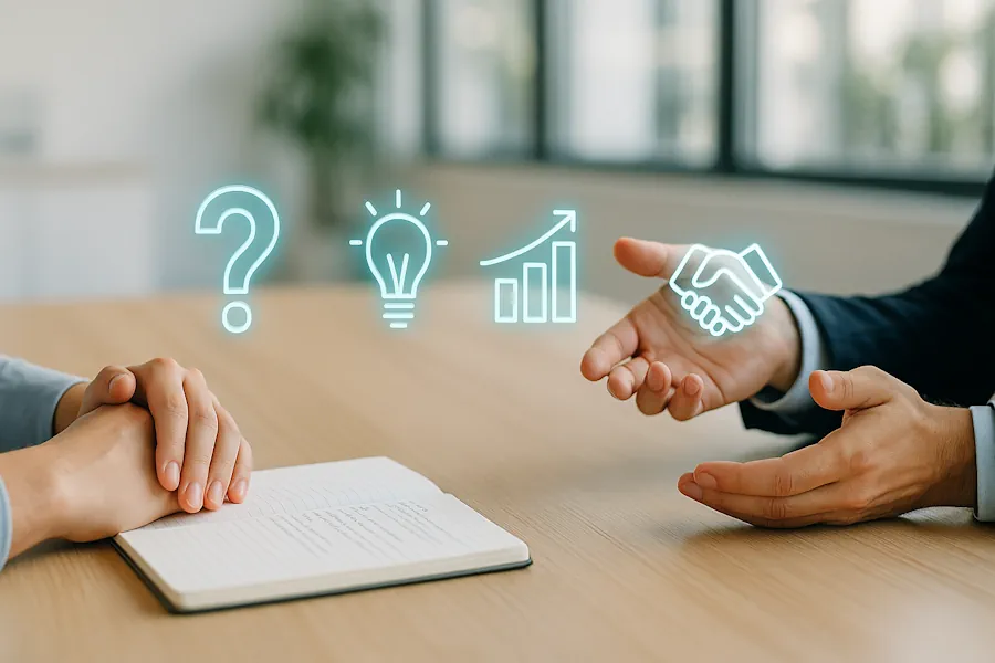 Scena di un colloquio di lavoro con icone che rappresentano le domande più frequenti e le risposte strategiche da dare al recruiter.