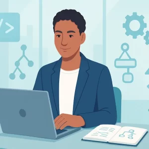 Persona si prepara con sicurezza a un colloquio tecnico, analizzando codice e diagrammi su un laptop.