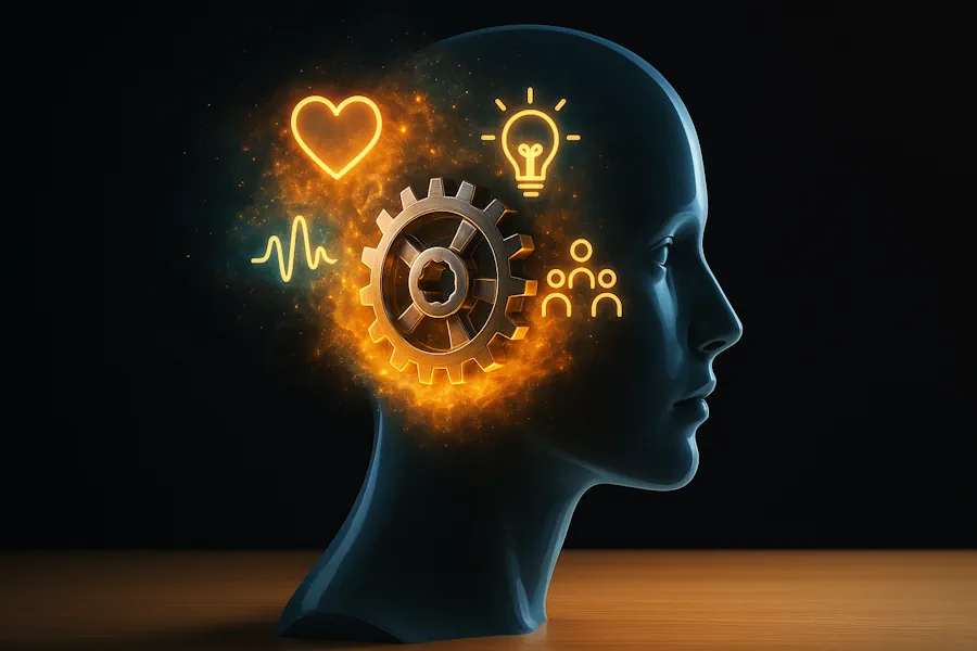 Illustrazione concettuale delle soft skills più richieste: una nebulosa di competenze umane che potenzia le hard skills tecniche all'interno di una testa.