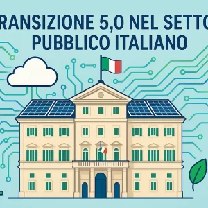 Copertina ottimizzata per l’articolo su Transizione 5.0 nel settore pubblico: digitalizzazione PA, PNRR ed efficienza energetica con simboli chiari e coerenti