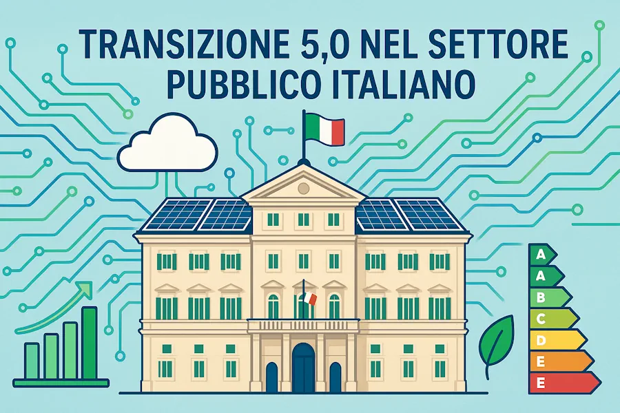 Copertina ottimizzata per l’articolo su Transizione 5.0 nel settore pubblico: digitalizzazione PA, PNRR ed efficienza energetica con simboli chiari e coerenti