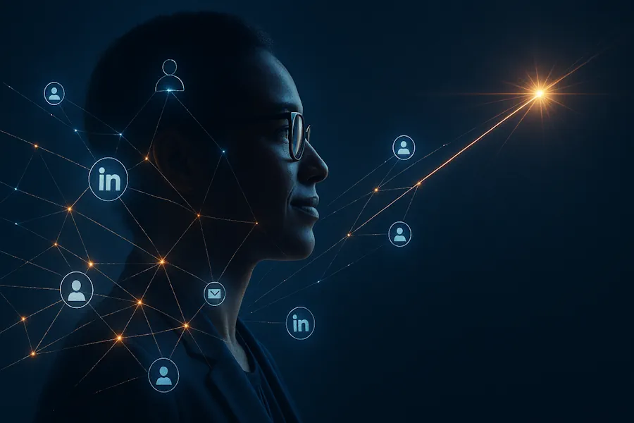 Illustrazione di un professionista che riesce a trovare lavoro su LinkedIn grazie a un profilo efficace e a un network di connessioni e opportunità.