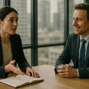 Immagine di alta qualità che ritrae un momento chiave durante un colloquio di lavoro in un ufficio moderno e luminoso, con candidato sicuro che interagisce con un recruiter professionale. Ideale per contenuti HR e selezione del personale.