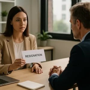 Scena rappresentativa di come dare le dimissioni. Persona che comunica le dimissioni in modo professionale in ufficio