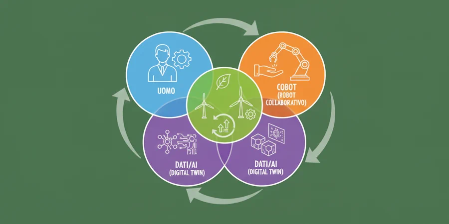 Schema che illustra la convergenza tra robot collaborativi (cobot), uomo e digital twin per la sostenibilità (icona foglia) della Transizione 5.0.