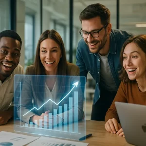 Team di una startup innovativa che analizza grafici di crescita su un'interfaccia digitale, simbolo dei fondi e degli incentivi ottenuti con la Transizione 5.0.