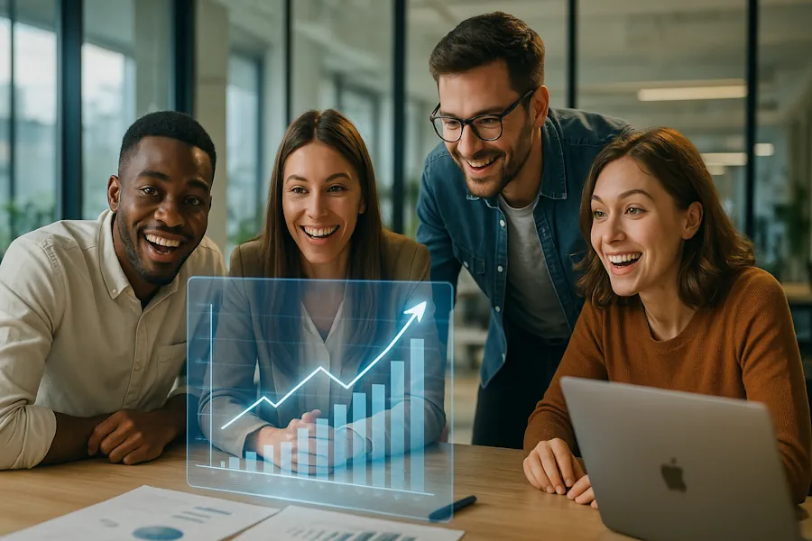 Team di una startup innovativa che analizza grafici di crescita su un'interfaccia digitale, simbolo dei fondi e degli incentivi ottenuti con la Transizione 5.0.