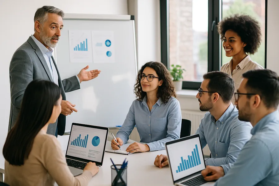 Sessione di formazione aziendale con team di professionisti durante un workshop sulle competenze digitali e tecnologiche della Transizione 5.0