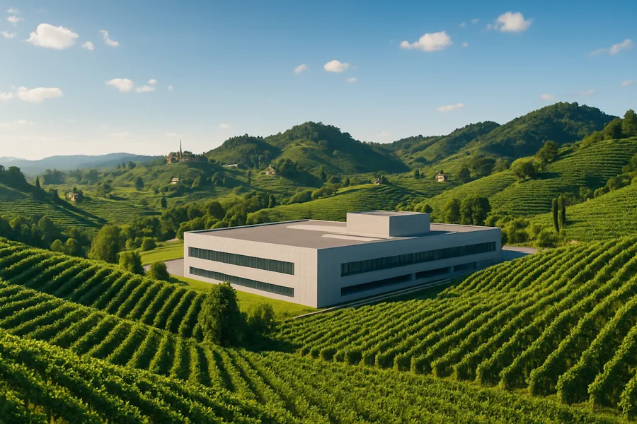 Panorama delle colline di Conegliano con vigneti e un moderno stabilimento industriale, simbolo delle diverse offerte di lavoro nel 2025.