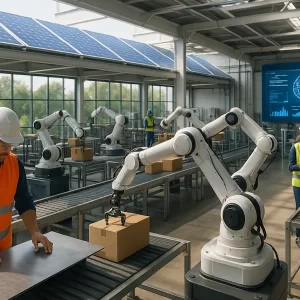 Fabbrica moderna e sostenibile che simboleggia la Transizione 5.0: robot collaborativi e operatori umani lavorano insieme sotto la supervisione di un'intelligenza artificiale, con pannelli solari che alimentano l'impianto.