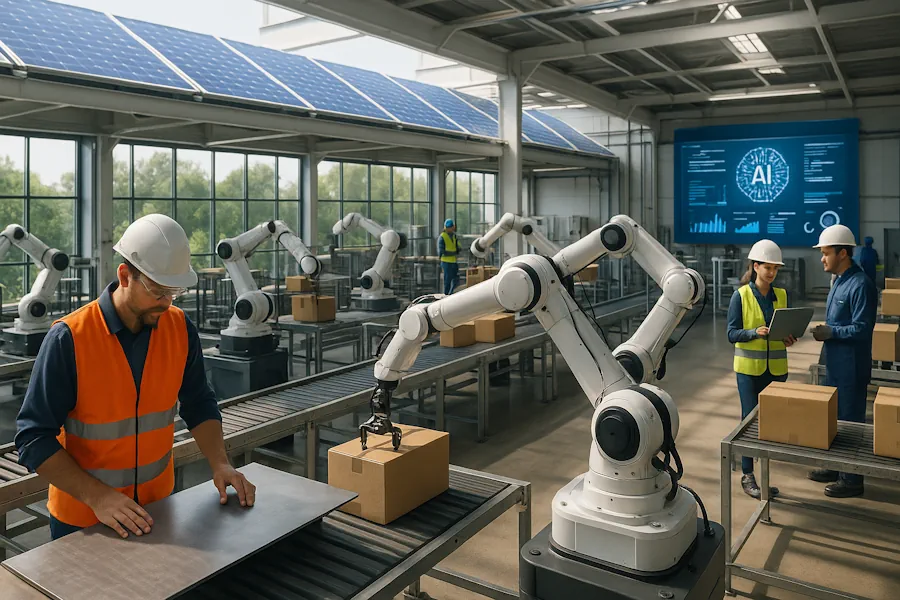 Fabbrica moderna e sostenibile che simboleggia la Transizione 5.0: robot collaborativi e operatori umani lavorano insieme sotto la supervisione di un'intelligenza artificiale, con pannelli solari che alimentano l'impianto.