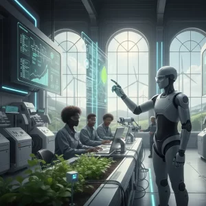 Immagine realistica transizione 5.0 futura cobot sostenibilità pannelli solari