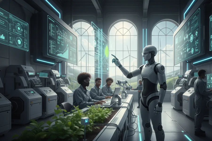 Immagine realistica transizione 5.0 futura cobot sostenibilità pannelli solari