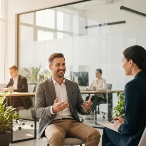 Candidato sorridente durante un colloquio conoscitivo con un recruiter in un ufficio moderno