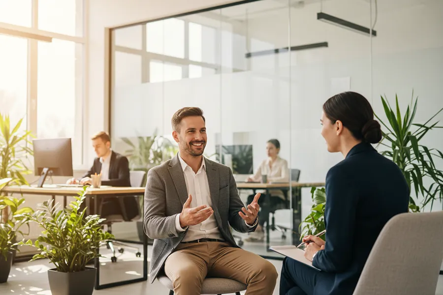 Candidato sorridente durante un colloquio conoscitivo con un recruiter in un ufficio moderno