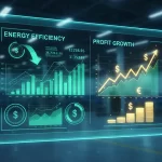 Pannello di controllo di una fabbrica intelligente che mostra dati di consumo energetico ridotto e grafici finanziari in crescita, a simboleggiare come l'efficienza energetica generi profitti aziendali nella Transizione 5.0.